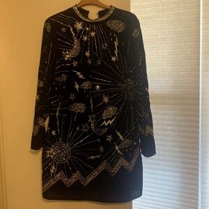 Monsoon black velvet dress with embroidered gold and silver sequin night design